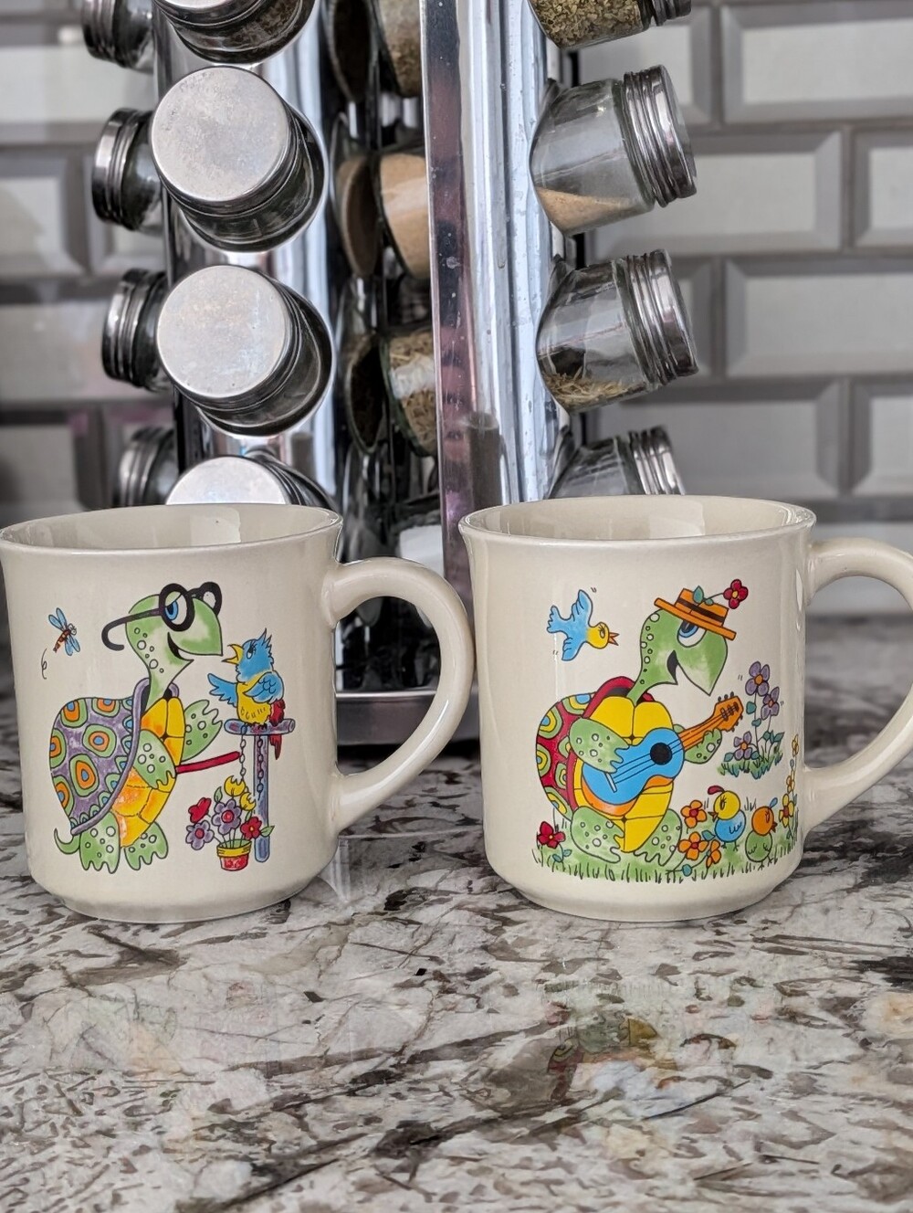 Vintage Turtle Coffee Mug Set | Retro Ceramic Cups | Cute Bird & Garden Design |